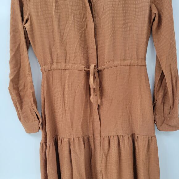Harper Tiered Shirt Dress Womens XS Brown Embossed Animal Print Button Down Maxi - Picture 13 of 16